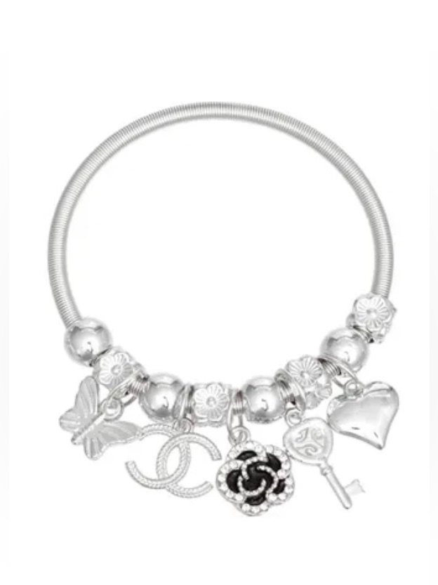 Silver Tone Charm Bracelet Floral Charm Stretch Bracelet Fashion Jewelry